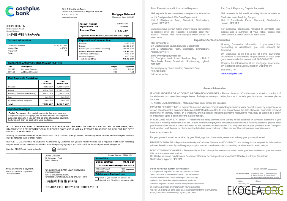 Relevé hypothécaire de la banque Cashplus du Royaume , Uni aux formats Word et PDF
